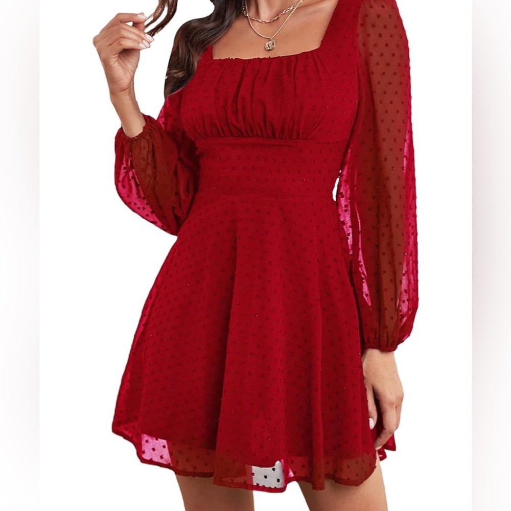 Women's Polka Swiss Dots Mesh Square Neck Lantern Bishop Sleeve Chiffon Dress